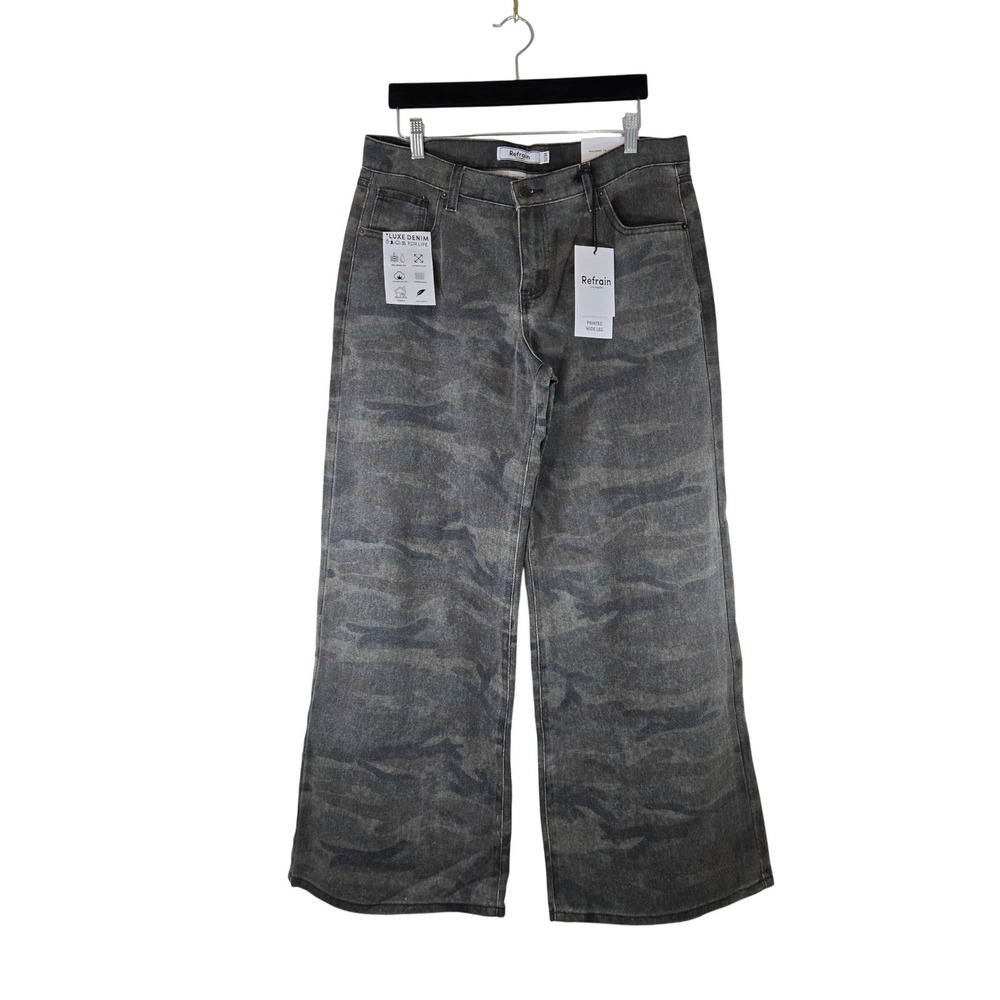 Refrain Los Angeles Womens Camo Printed Wide Leg Jeans Grey Size 11/30 NWT J1493